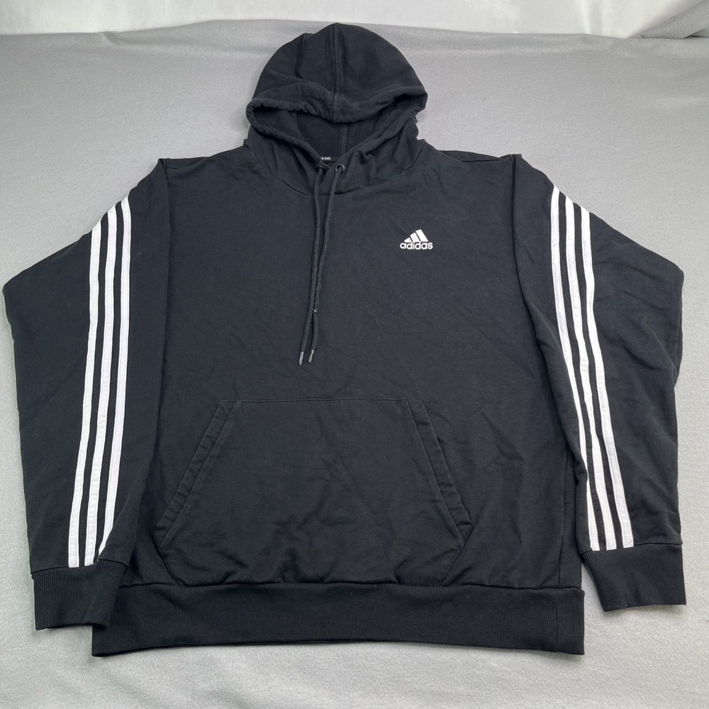 Adidas Hoodie Mens Large Black Three Stripes Pullover Kangaroo Pocket Athletic